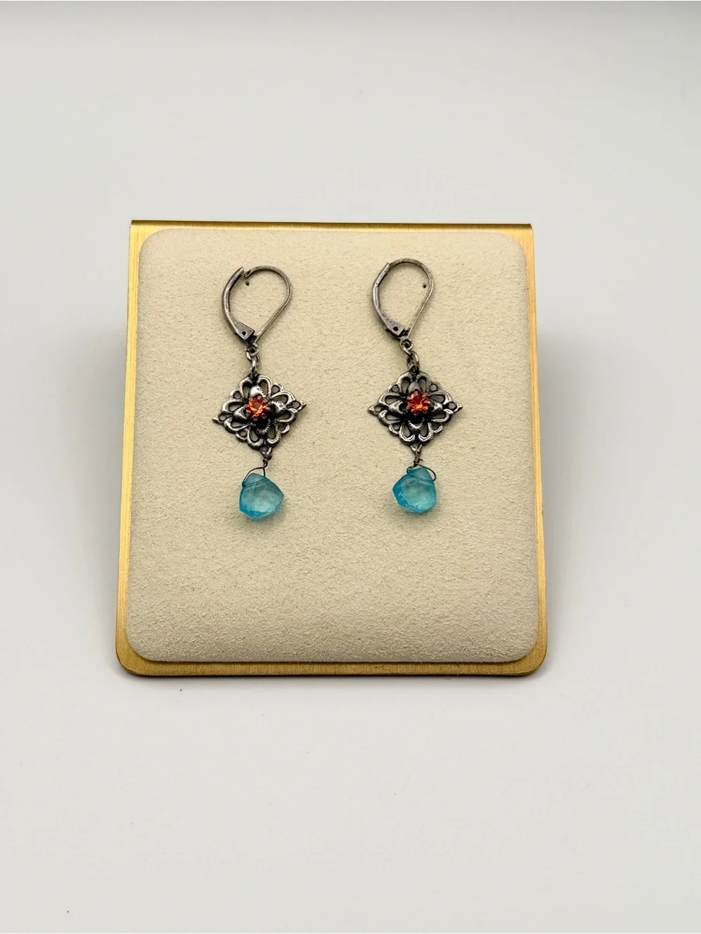 Vintage Style Filigree Drop Earrings with Red Crystals & Aqua Blue Dangles - Picture 3 of 7